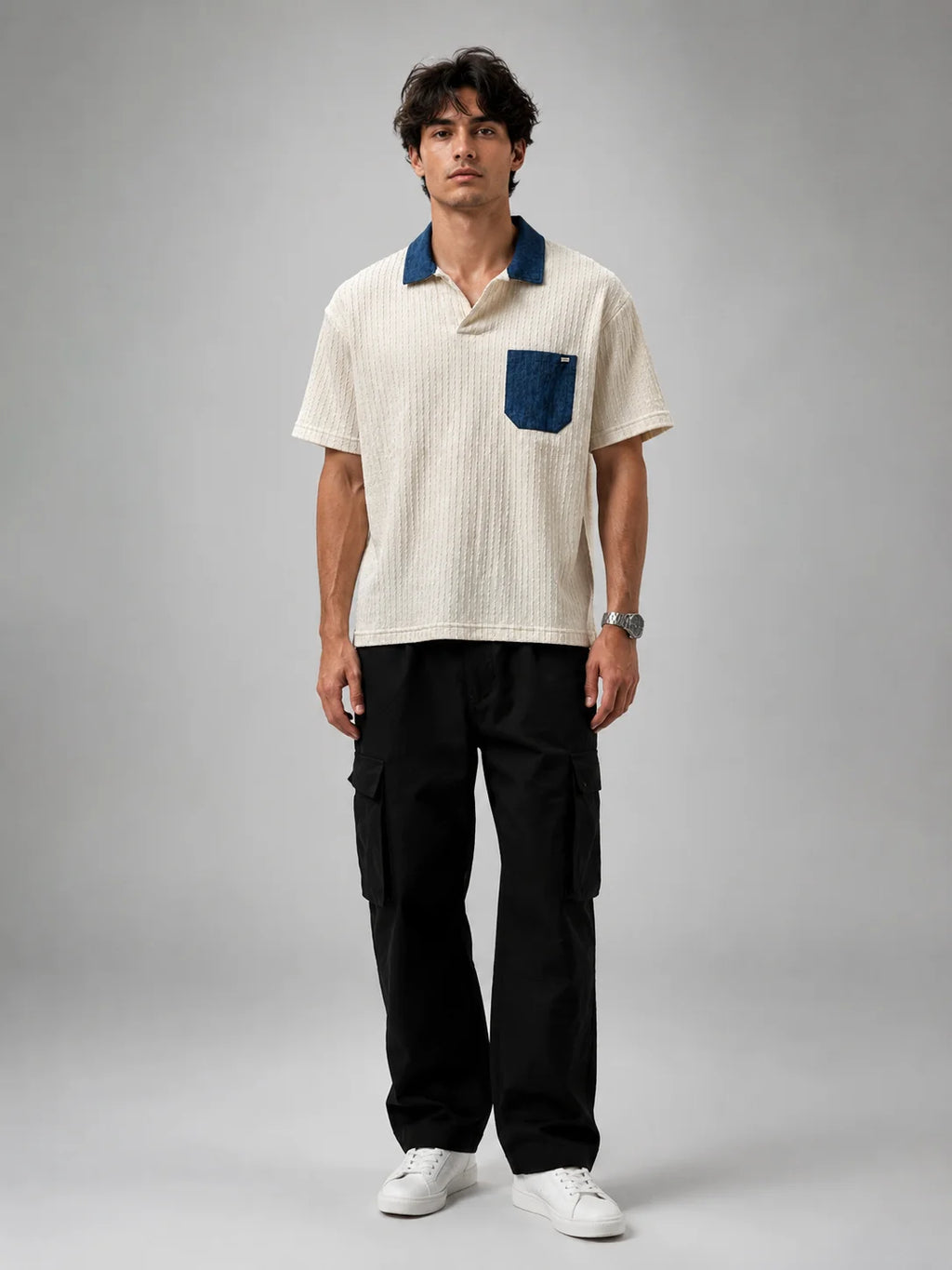 Men’s Polo Shirt – Regular Fit – Textured – Off White & Blue