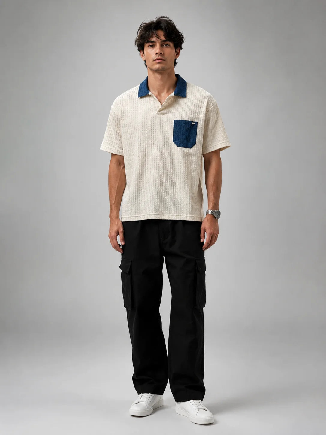 Men’s Polo Shirt – Regular Fit – Textured – Off White & Blue