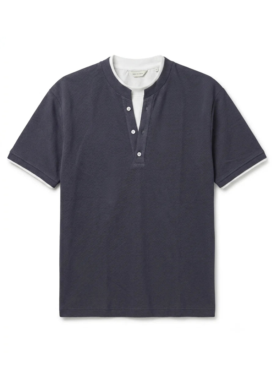 Men’s Henley T-Shirt – Textured – Cotton Blend – Navy Blue
