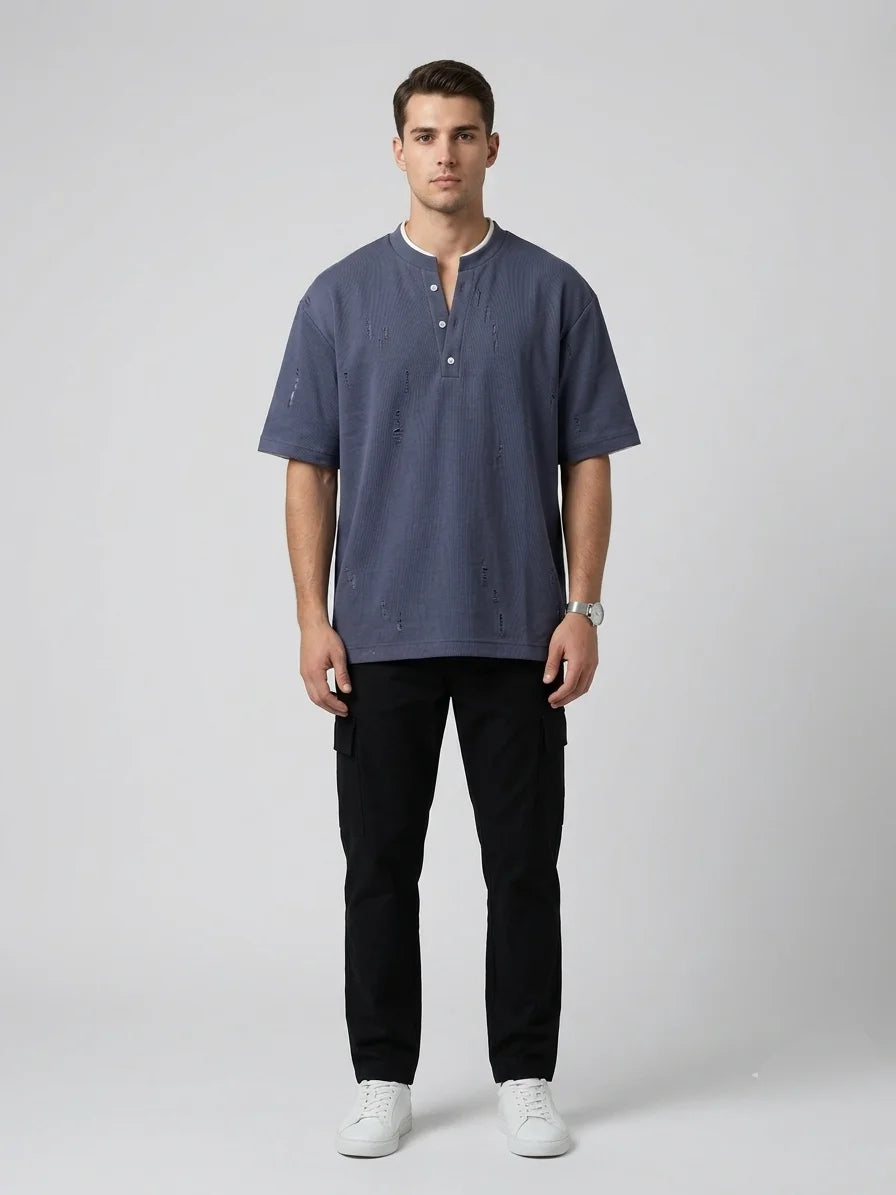 Men’s Henley T-Shirt – Textured – Cotton Blend – Navy Blue