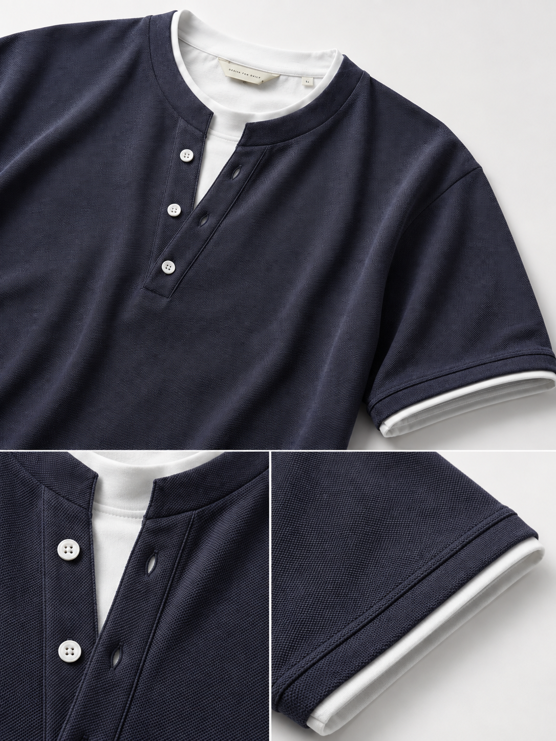 Men’s Henley T-Shirt – Textured – Cotton Blend – Navy Blue