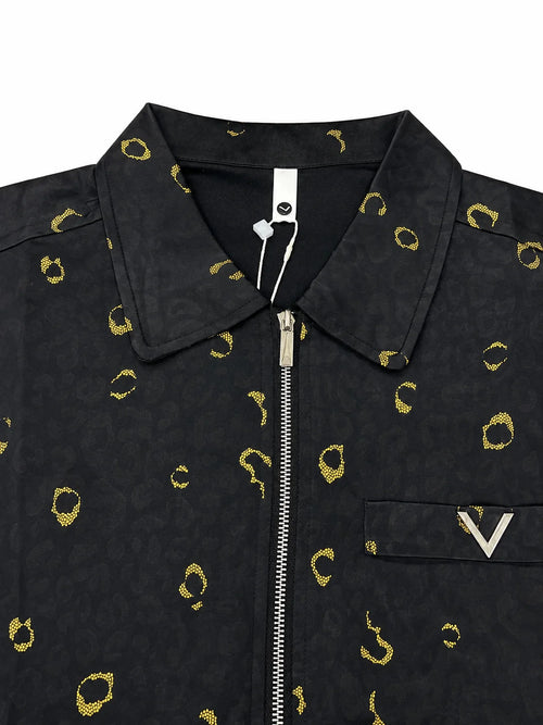 Men’s Zip-Through Casual Shirt – All-Over Gold Print – Premium Cotton – White