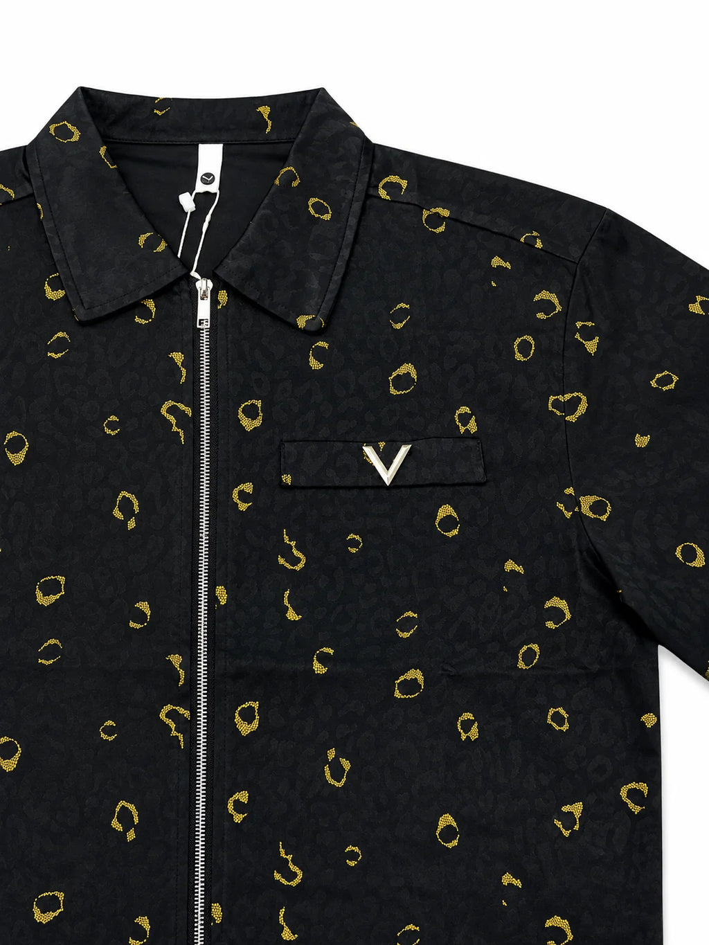 Men’s Zip-Through Casual Shirt – All-Over Gold Print – Premium Cotton – White