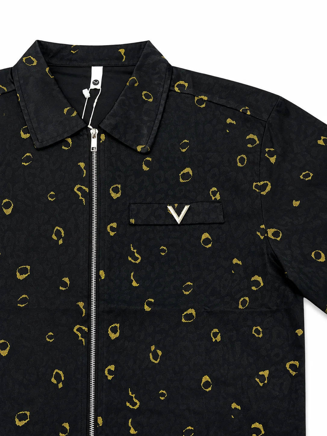 Men’s Zip-Through Casual Shirt – All-Over Gold Print – Premium Cotton – White