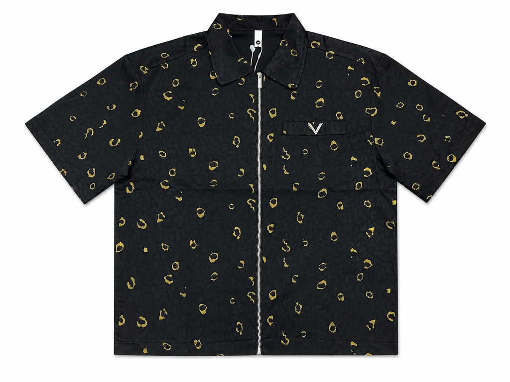 Men’s Zip-Through Casual Shirt – All-Over Gold Print – Premium Cotton – White