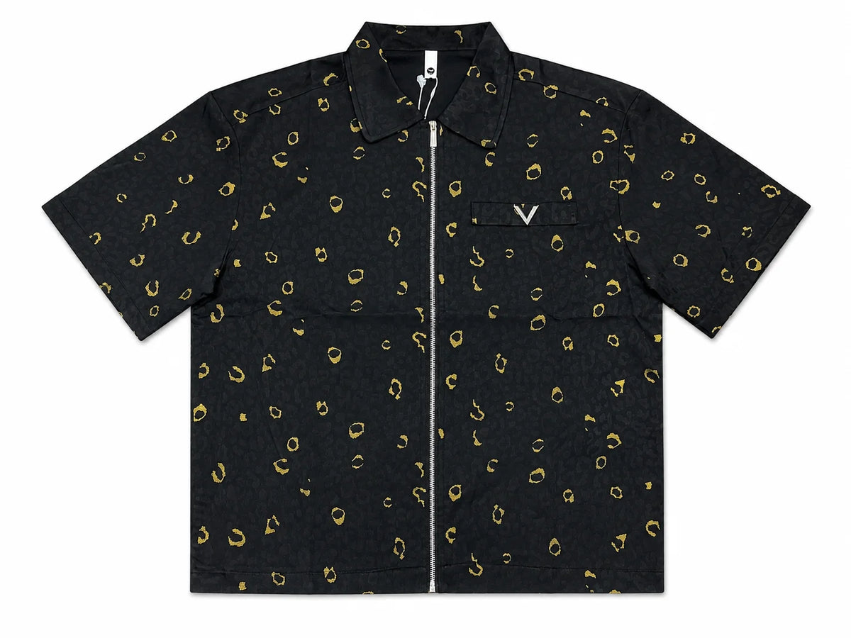 Men’s Zip-Through Casual Shirt – All-Over Gold Print – Premium Cotton – White