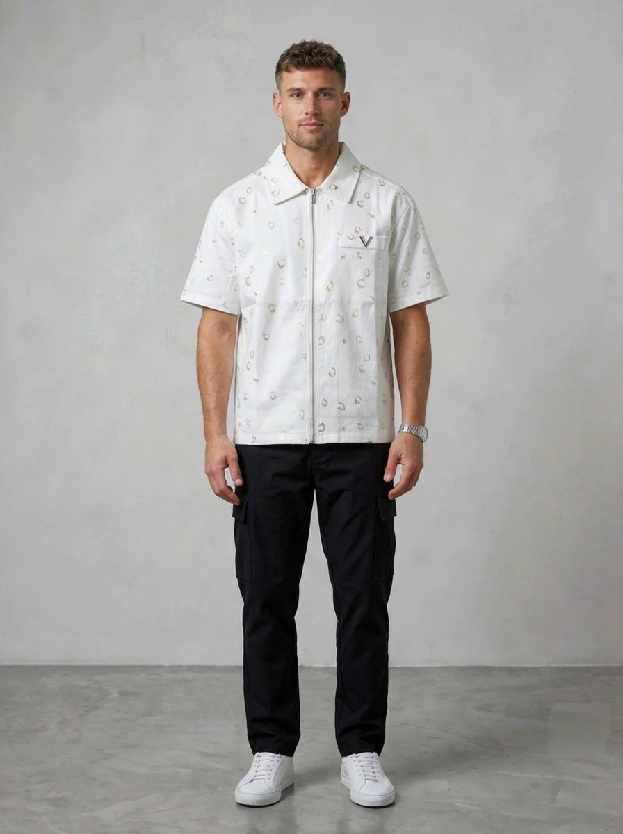 Men’s Zip-Through Casual Shirt – All-Over Gold Print – Premium Cotton – White