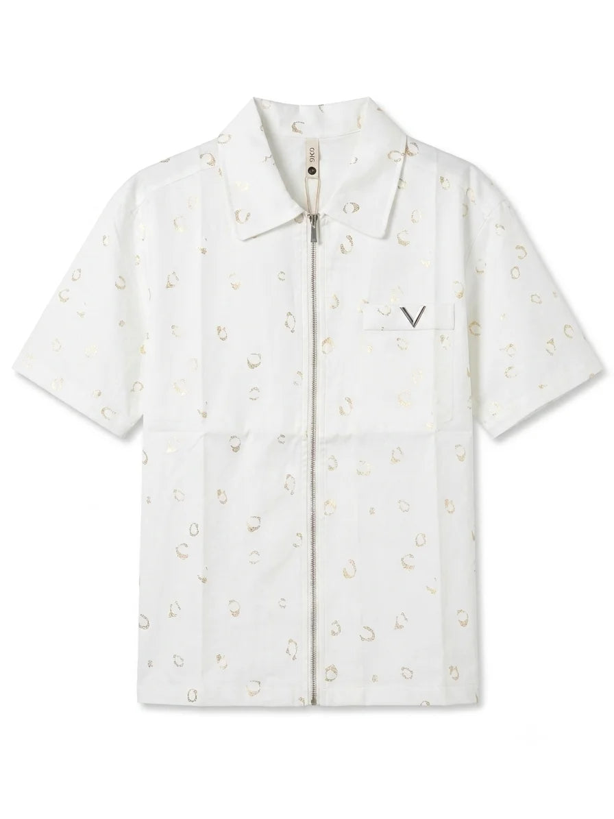 Men’s Zip-Through Casual Shirt – All-Over Gold Print – Premium Cotton – White