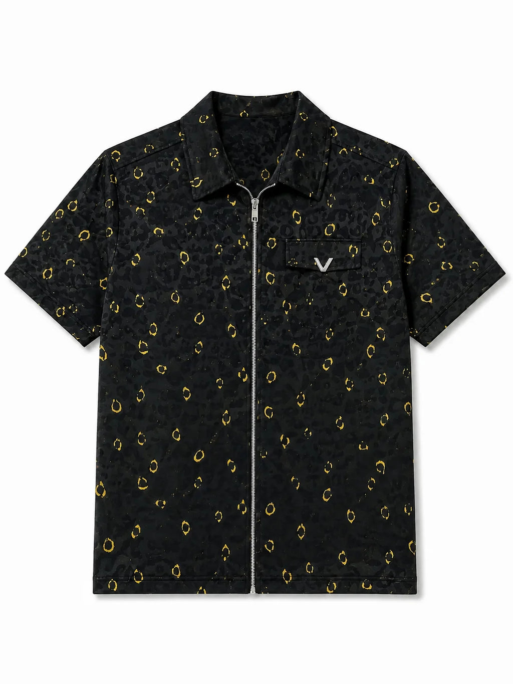Men’s Zip-Through Casual Shirt – All-Over Gold Print – Premium Cotton – White