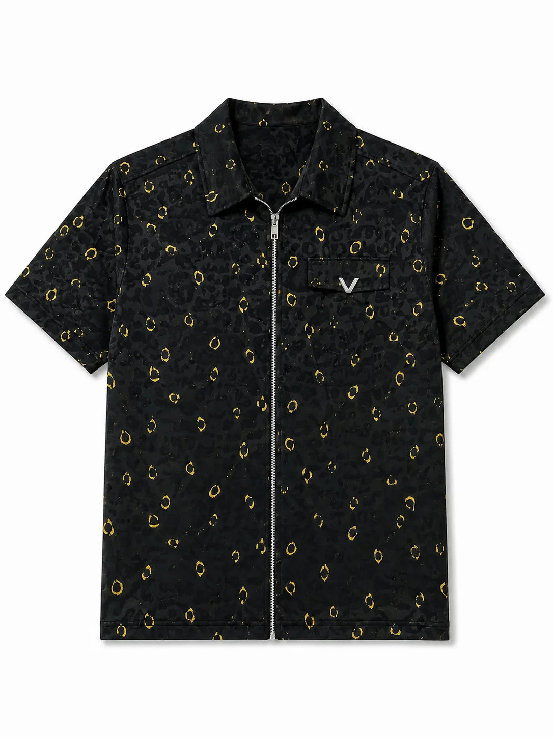 Men’s Zip-Through Casual Shirt – All-Over Gold Print – Premium Cotton – White