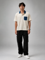 Men's Polo Shirt – Regular Fit – Textured – Off White & Blue - Image 2