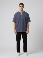 Men's Henley T-Shirt – Textured – Cotton Blend – Navy Blue - Image 2