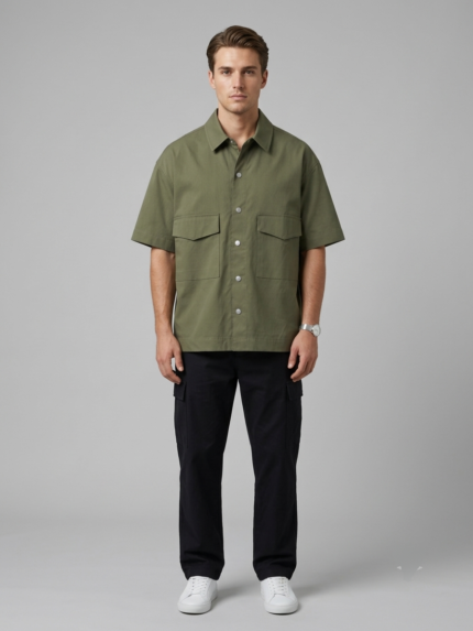 Men's Overshirt – Utility Style – Cotton Blend – Olive Green