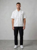 Men's Zip-Through Casual Shirt – All-Over Gold Print – Premium Cotton – White