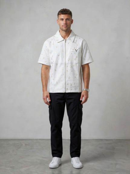 Men's Zip-Through Casual Shirt – All-Over Gold Print – Premium Cotton – White